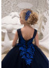 Navy Blue Beaded Lace Tulle Long Flower Girl Dress Pageant Dress